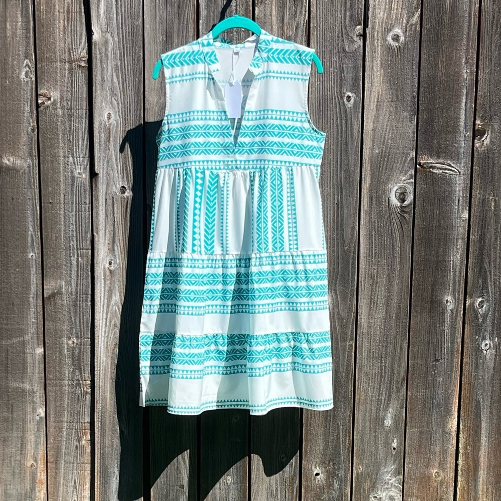 Made with Love green and white Aztec print tiered dress size small